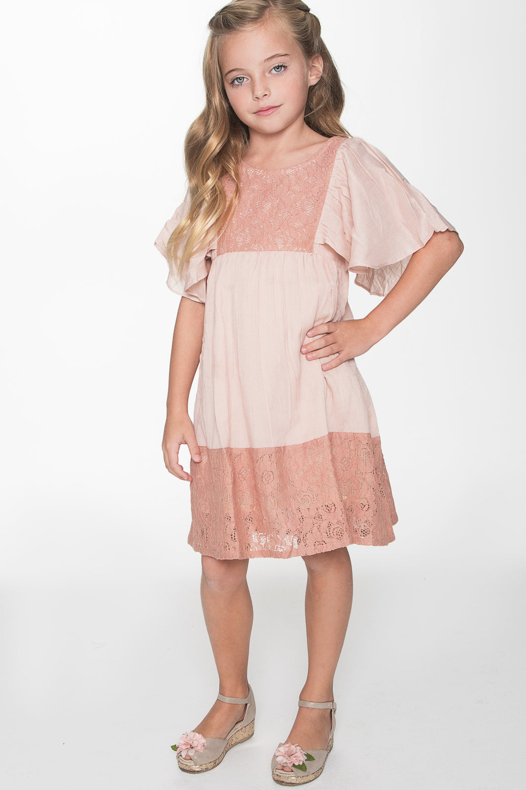 Blush Flounce Sleeve and Lace Dress - Kids Wholesale Boutique Clothing, Dress - Girls Dresses, Yo Baby Wholesale - Yo Baby