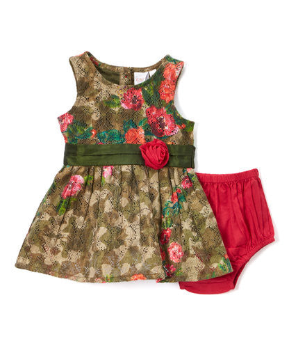Forest Green Vintage Rose Infant Dress With Flower Detail - Kids Wholesale Boutique Clothing, Dress - Girls Dresses, Yo Baby Wholesale - Yo Baby