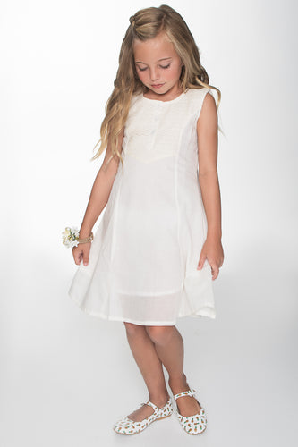 Off-White Lace Detail Yoke Shift Dress - Kids Wholesale Boutique Clothing, Dress - Girls Dresses, Yo Baby Wholesale - Yo Baby