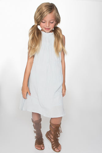 Light Blue Ruched Detail Shift Dress - Kids Wholesale Boutique Clothing, Dress - Girls Dresses, Yo Baby Wholesale - Yo Baby