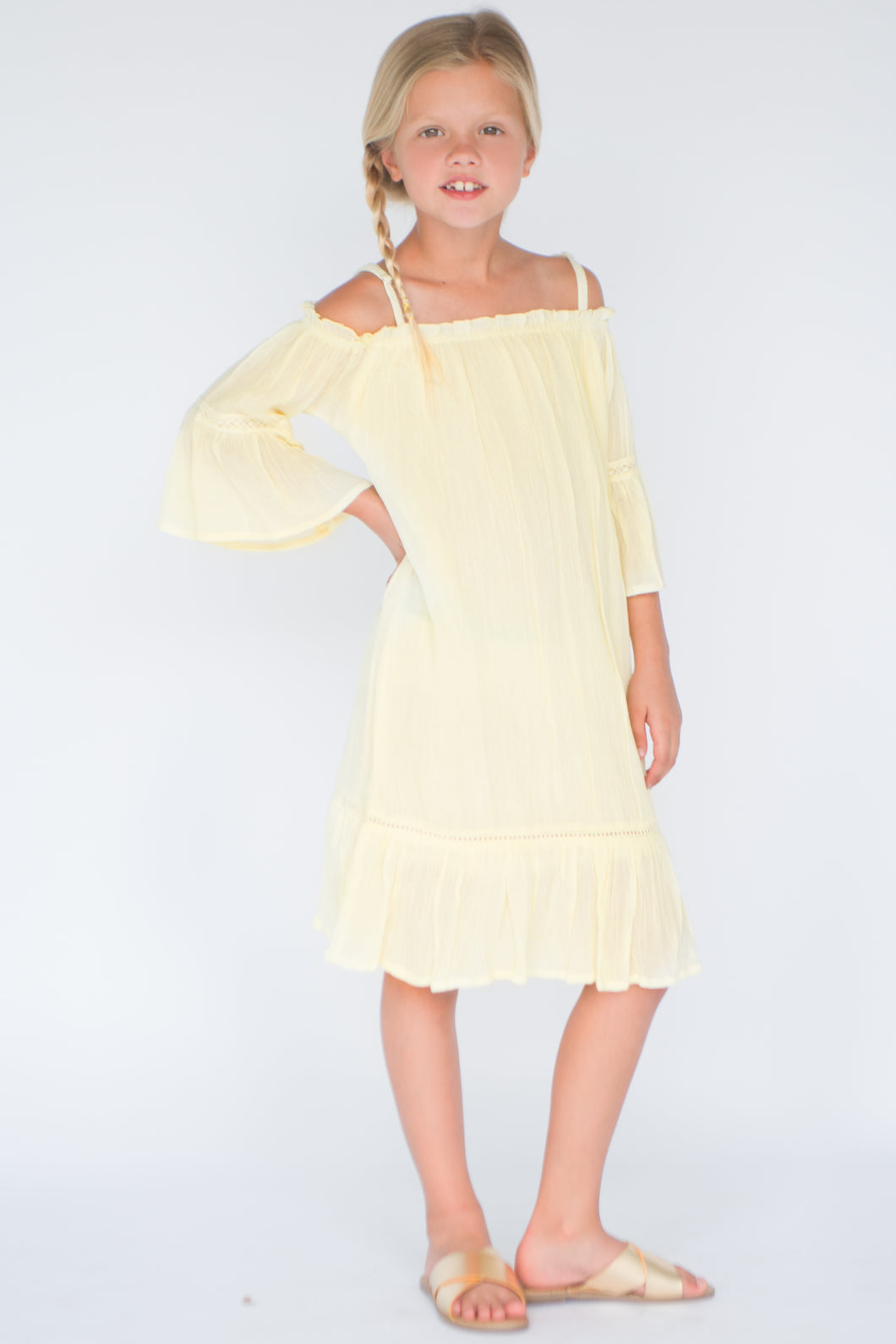 Pastel Yellow Off-Shoulder Dress - Kids Wholesale Boutique Clothing, Dress - Girls Dresses, Yo Baby Wholesale - Yo Baby