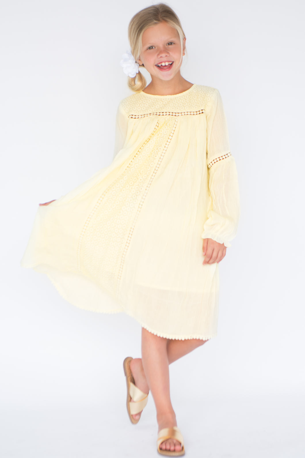Pastel Yellow Lace & Net Detail Dress - Kids Wholesale Boutique Clothing, Dress - Girls Dresses, Yo Baby Wholesale - Yo Baby