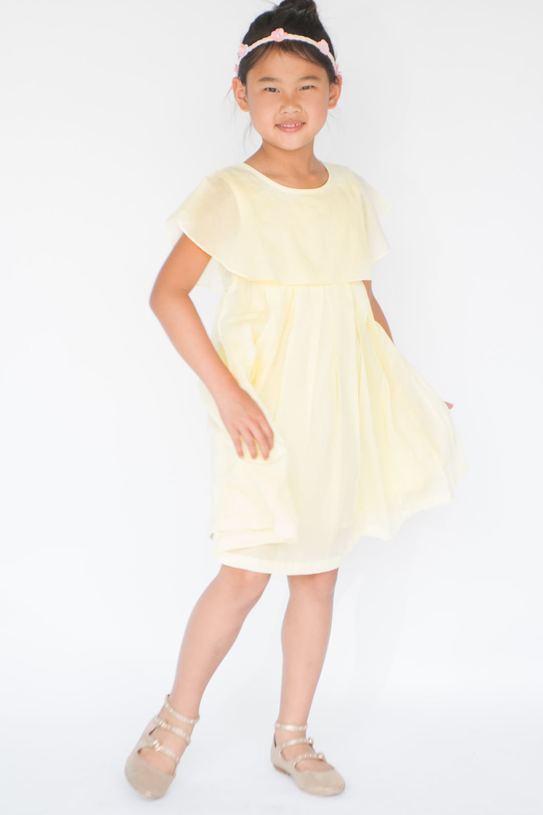 Pastel Yellow Overlap Pleated Dress - Kids Wholesale Boutique Clothing, Dress - Girls Dresses, Yo Baby Wholesale - Yo Baby
