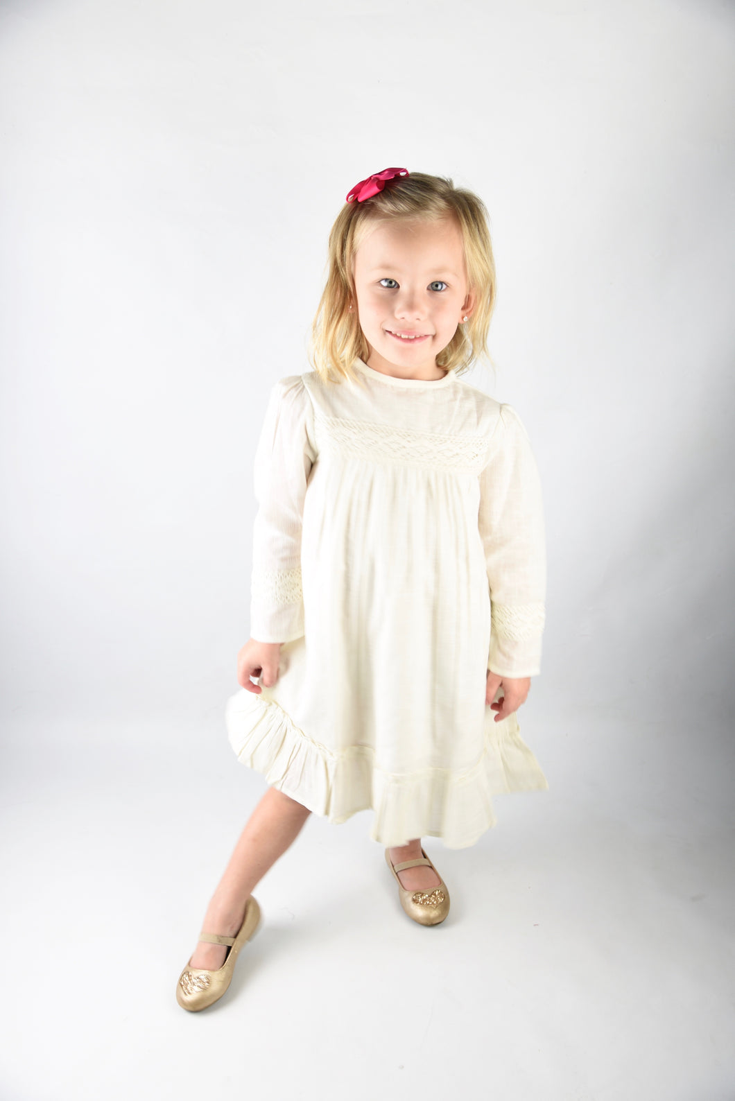 Off-white Lace Detail Sleeves Dress - Kids Wholesale Boutique Clothing, Dress - Girls Dresses, Yo Baby Wholesale - Yo Baby