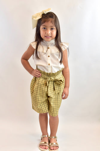 Ruffled Ivory Top With Checks Paper Bag Shorts 2 pc. Set