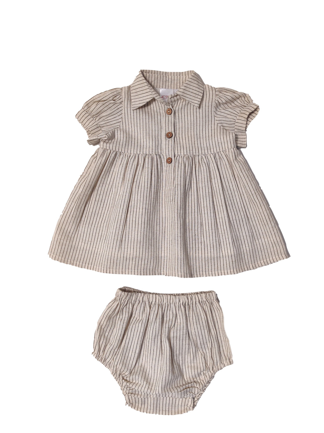 Ecru and Grey Pin Stripe Puff Sleeves Dress and Bloomers
