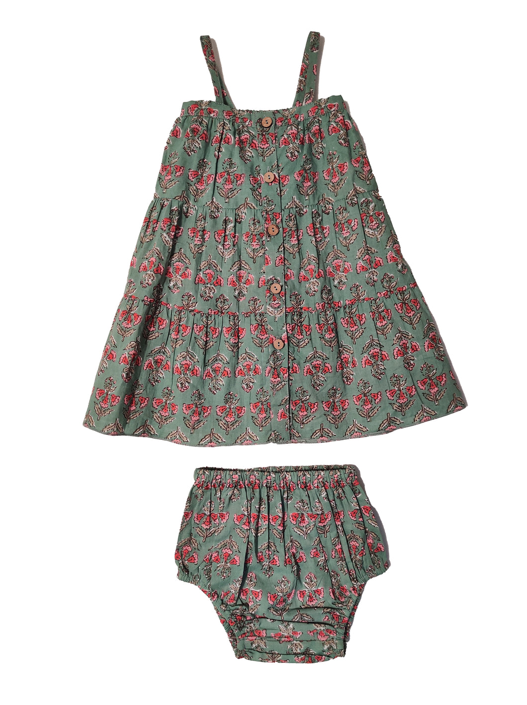 Sea Foam Floral Printed Tiered Dress and Bloomers