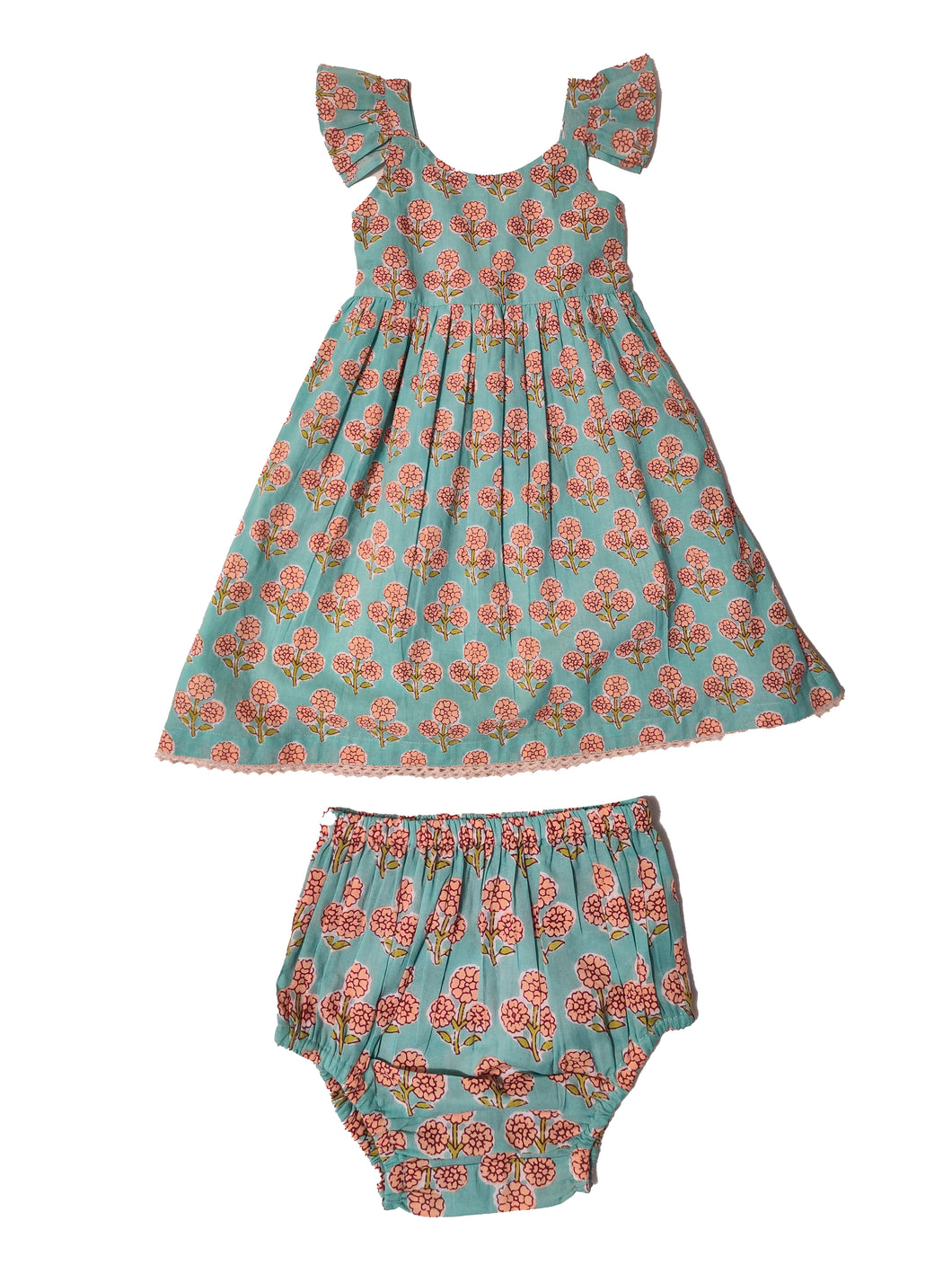 Sea Foam Floral Printed Frill and Lace Detail Dress and Bloomers