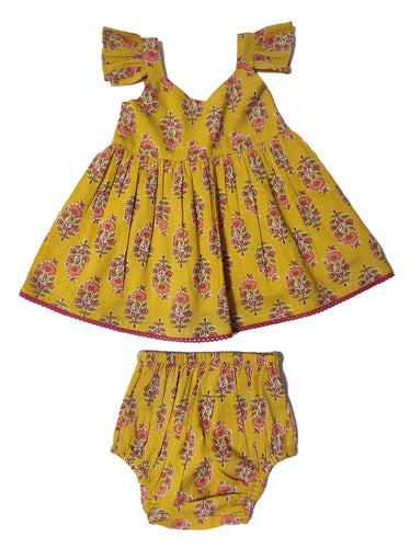 Yellow Floral Printed Frill and Lace Detail Dress and Bloomers