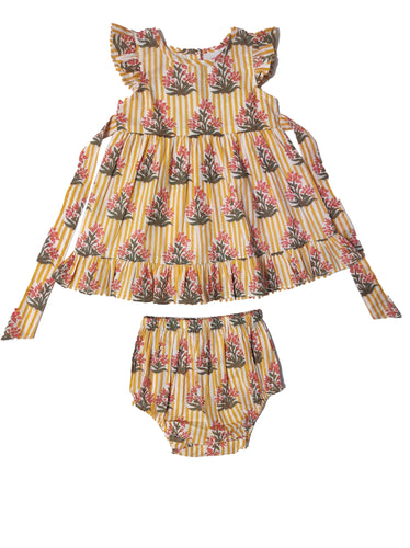 Flower and Stripe Yellow Print Frill Dress and Bloomers (YB1896)