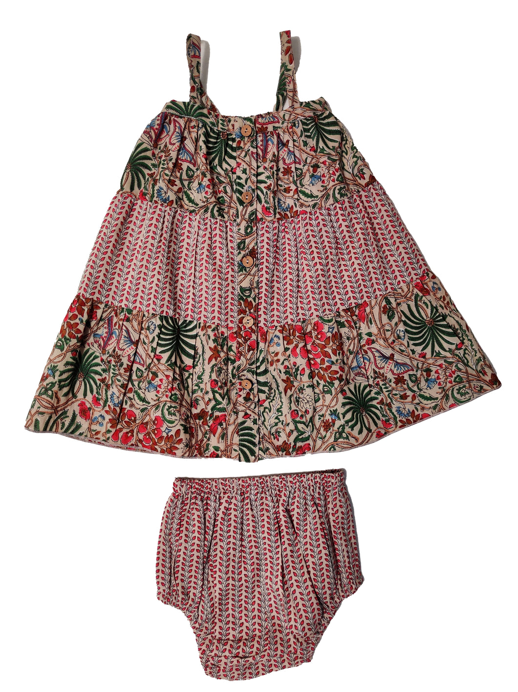Pink on Beige Jungle Tiered Infant Dress and Bloomers (YB1901)