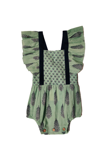 Printed Sea Foam Green with Blue Solid Fabric Detail Infant Romper
