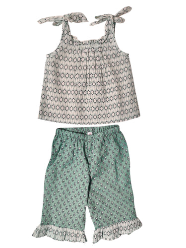 Sea Foam Green Shoulder Tie Detail Top and Frill Pants 2-pc Infant Set