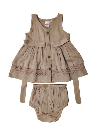 OatmealTone on Tone Lace Detail Belted Infant Dress and Bloomer Set