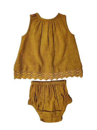 Gold Tone on Tone Lace Detail Infant Shift Dress and Bloomer Set