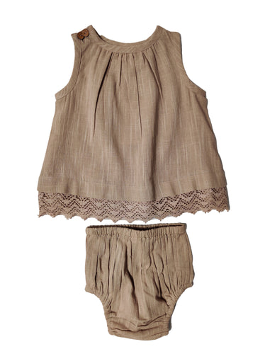 Oatmeal Tone on Tone Lace Detail Infant Dress and Bloomer Set