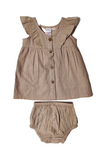 Oatmeal Embroidery Detail Infant Dress and Bloomers Set