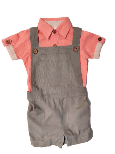 Infant Romper-Shirt and Overalls Set - Coral & Grey