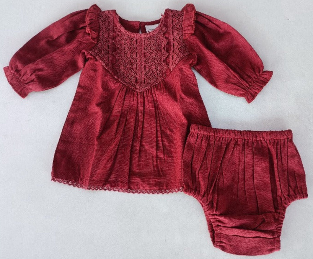 Maroon Long Sleeves Dress and Bloomers