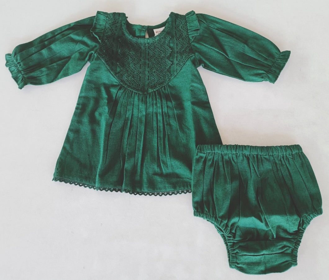 Dark Green Long Sleeves Dress and Bloomers