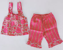 Printed Hot Pink Top with Striped Ruffle Pants 2 pc. Set
