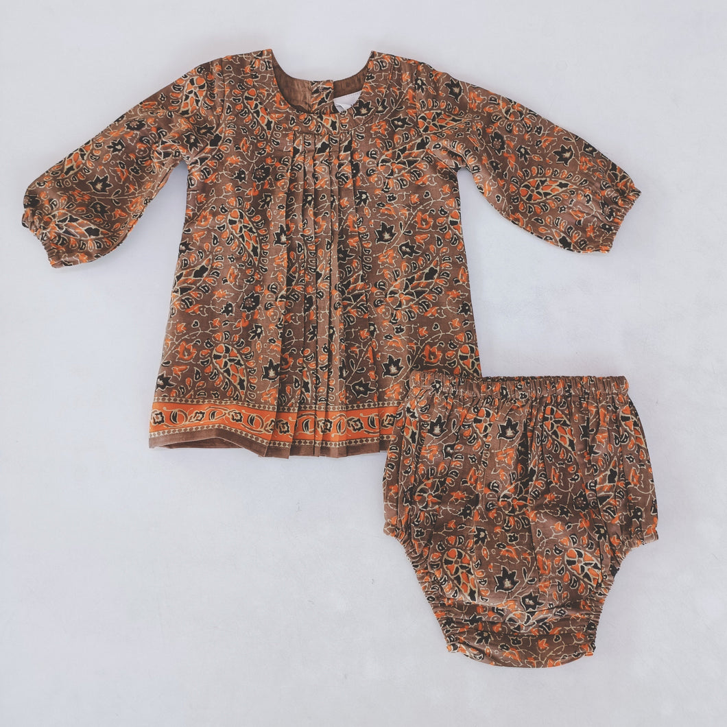 Paisley Printed Dress Long Sleeve With Pleat Detail & Diaper Cover Set