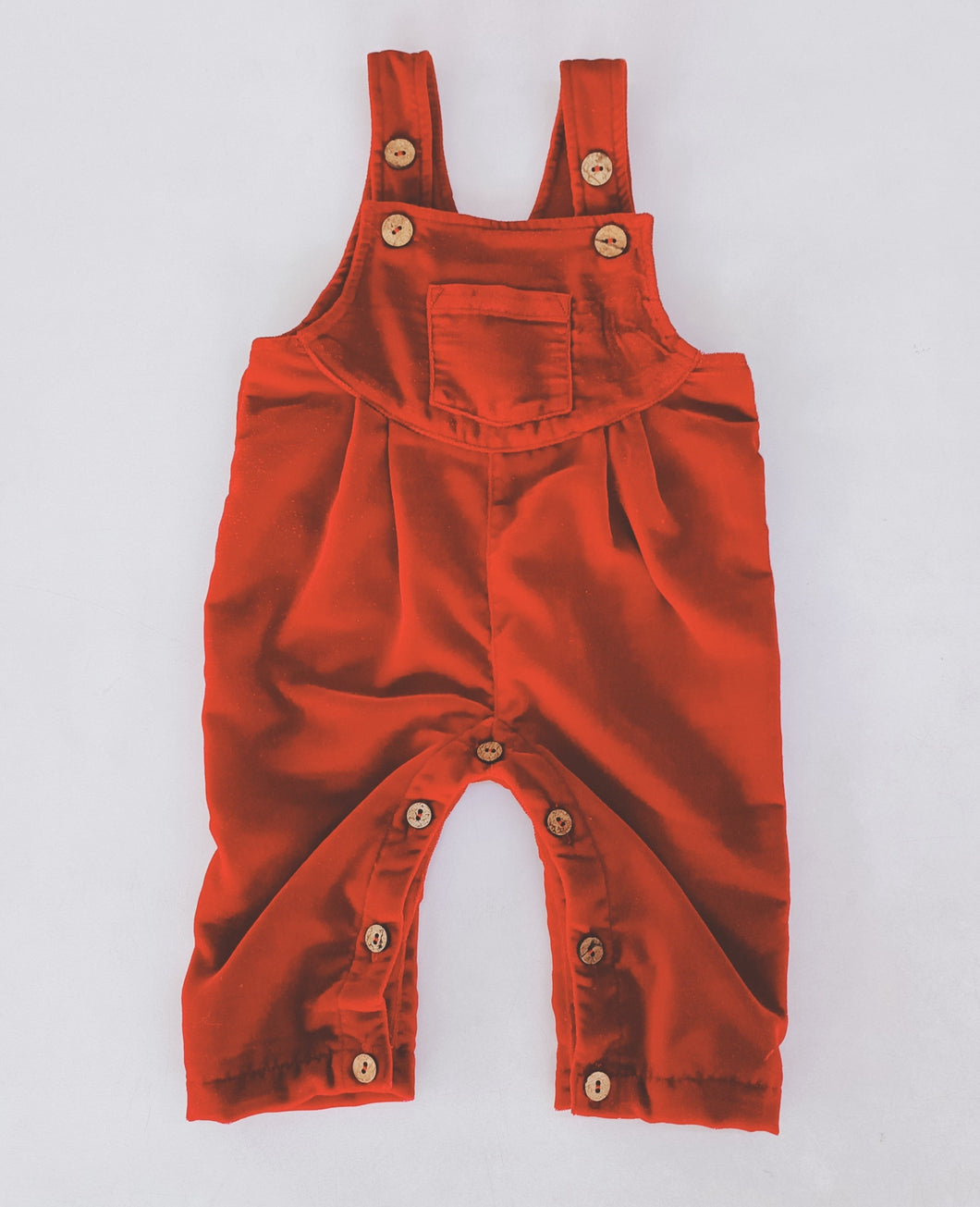 Red Micro Velvet Baby Overall With Pocket & Pleat Detail