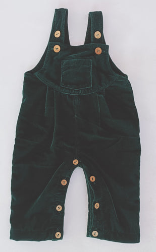 Emerald Green Micro Velvet Baby Overall With Pocket & Pleat Detail
