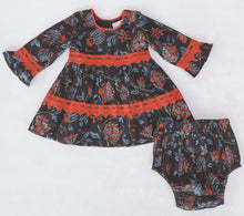 Red & Blue Printed Long Sleeve Lace Detail Dress and Bloomers