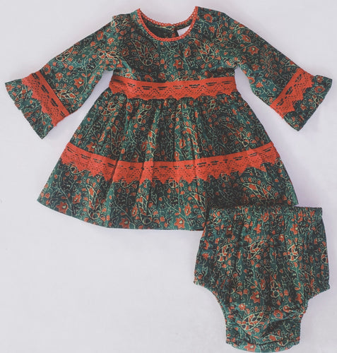 Green & Maroon Printed Long Sleeve Lace Detail Dress and Bloomers