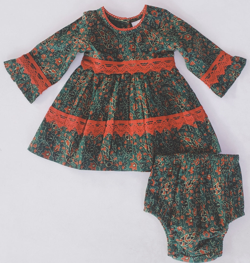 Green & Maroon Printed Long Sleeve Lace Detail Dress and Bloomers