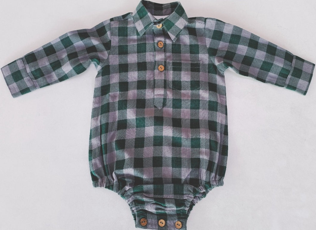 Green Checkered Print Long Sleeve Baby Romper