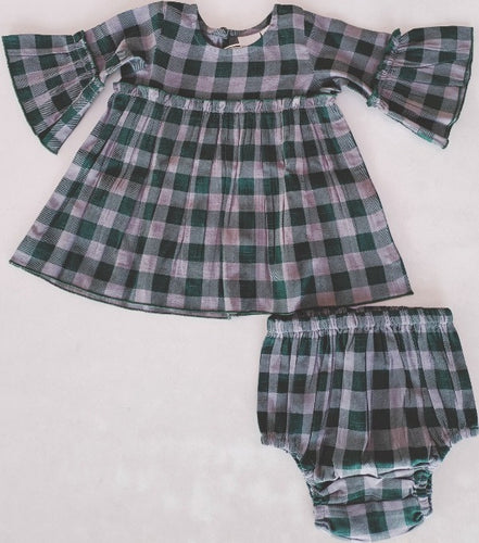 Green Checkered Print Bell-Sleeves Dress & Diaper Cover Set