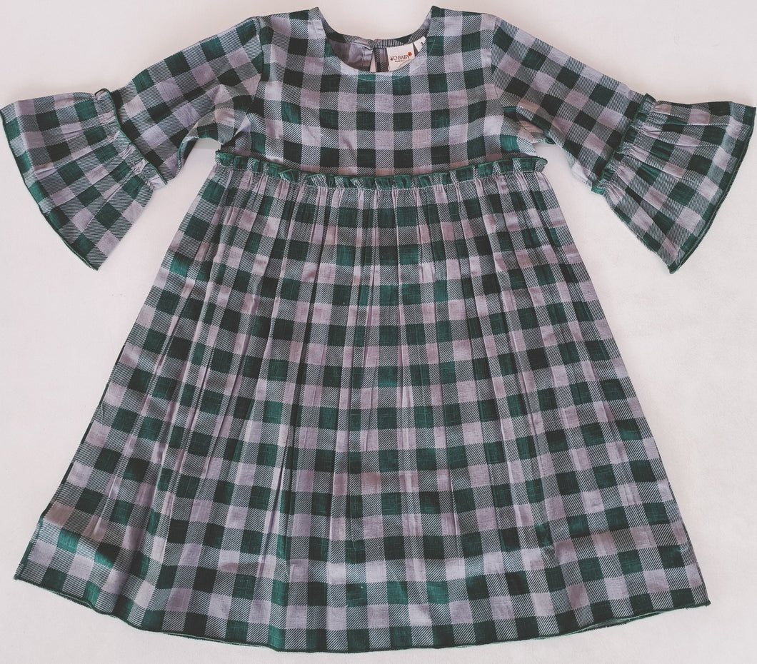 Green Checkered Print Bell-Sleeves Dress