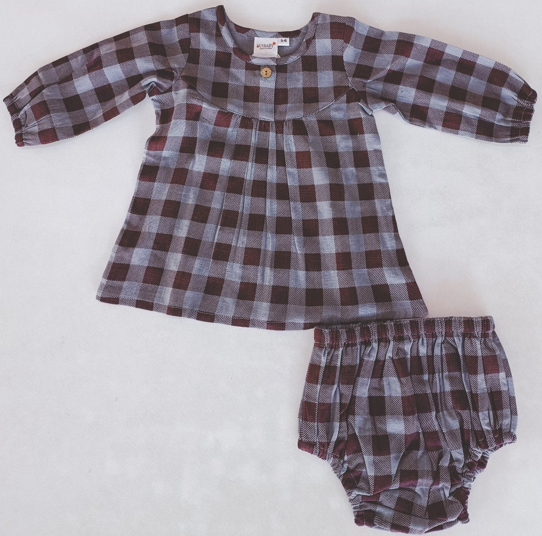 Burgundy Checkered Print Long-Sleeves Dress & Diaper Cover Set