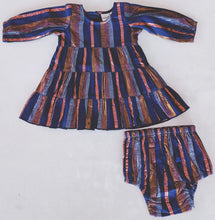 Navy Solid Color Lurex Tiered Long Sleeve Dress & Diaper Cover Set