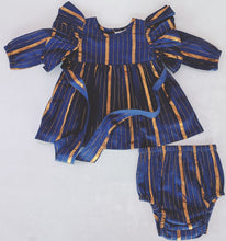 Navy Solid Color Lurex Ruffle Long Sleeve Dress & Diaper Cover Set