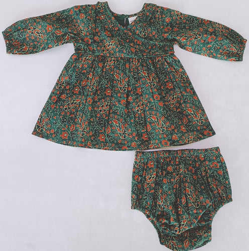 Paisley Print Long Sleeve Shift Dress With Ruffle Detail & Diaper Cover Set