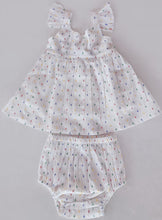 White Multicolor Dot Cotton Dobby Frill Dress and Bloomers