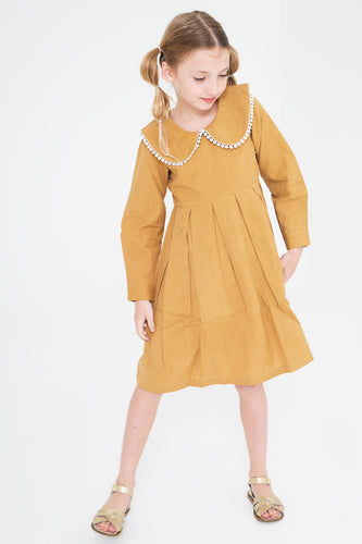 Mustard Big Peter Pan Collar Dress With Lace Detail - Kids Wholesale Boutique Clothing, Dress - Girls Dresses, Yo Baby Wholesale - Yo Baby