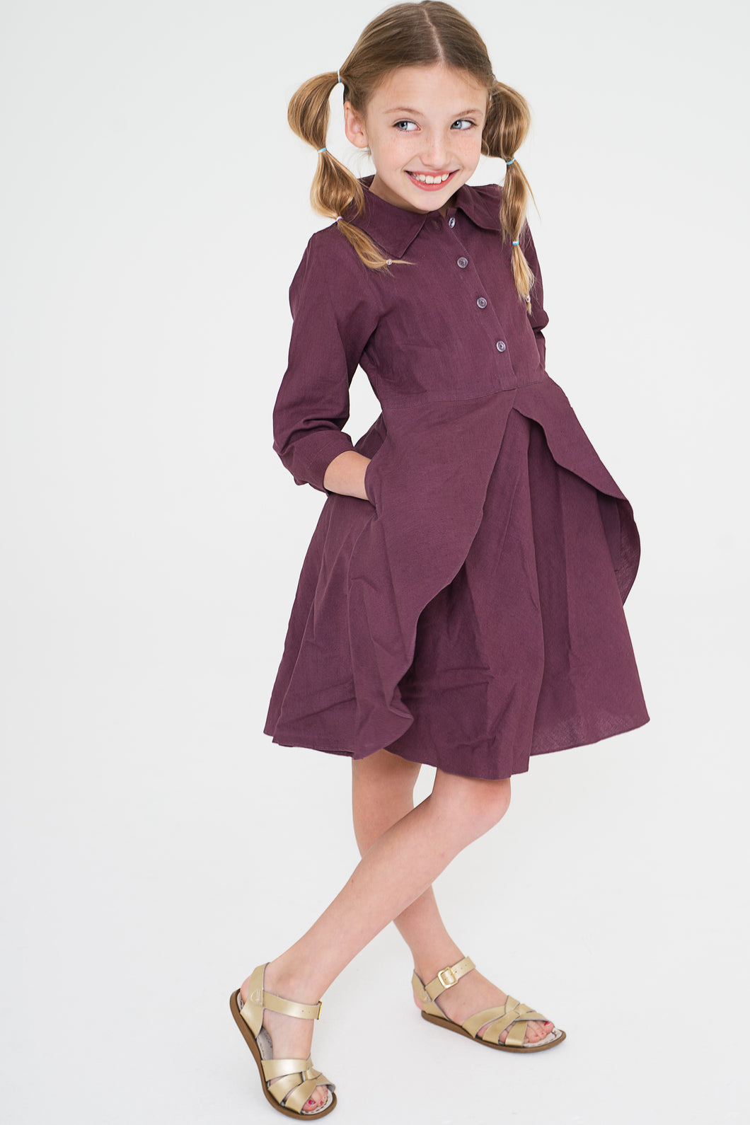 Aubergine Shirt Dress With Flounce Details and Pockets - Kids Wholesale Boutique Clothing, Dress - Girls Dresses, Yo Baby Wholesale - Yo Baby