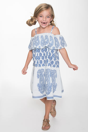 Blue and White Paisley Off-shoulder Dress - Kids Wholesale Boutique Clothing, Shirt-Dress - Girls Dresses, Yo Baby Wholesale - Yo Baby