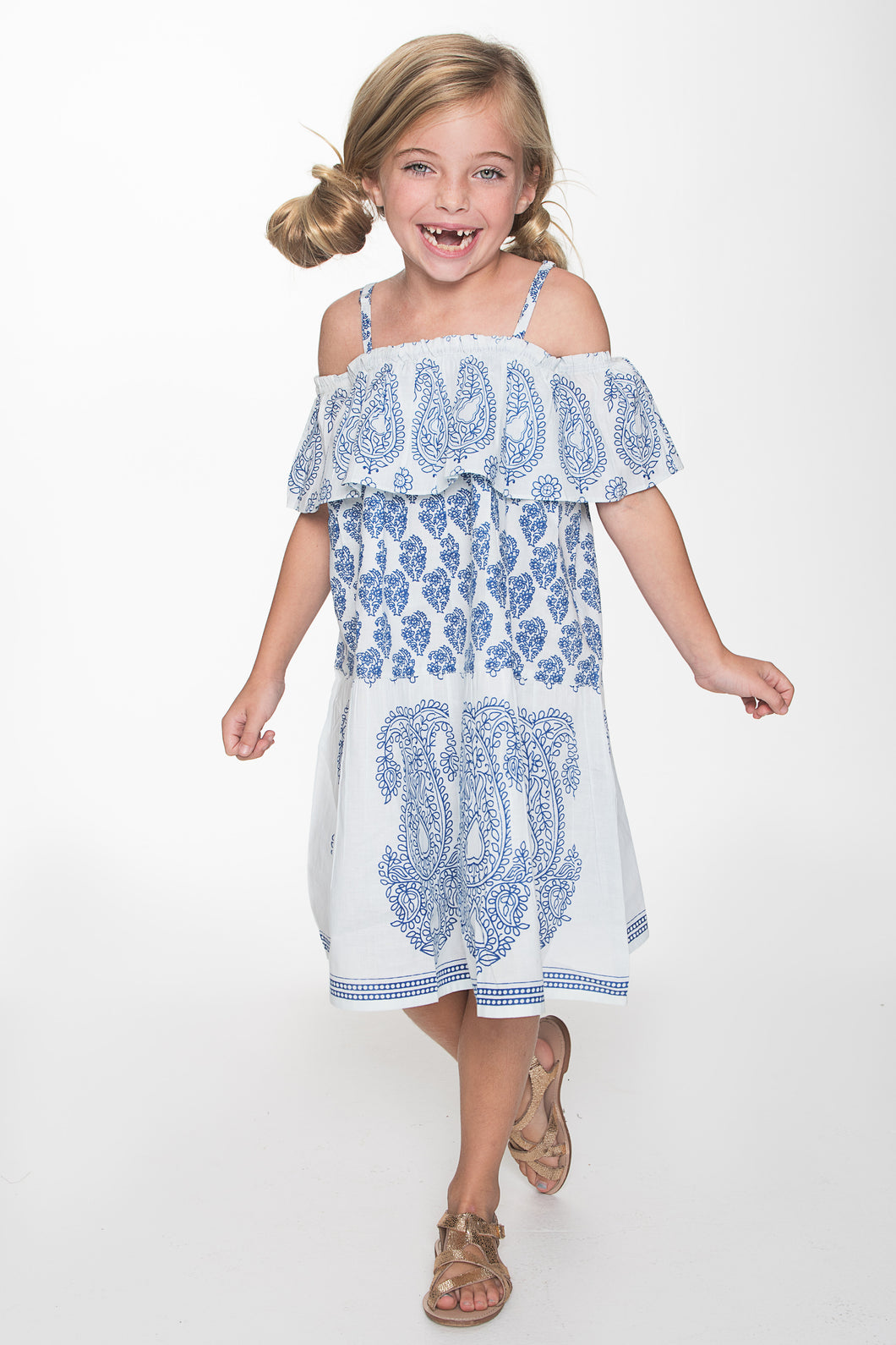 Blue and White Paisley Off-shoulder Dress - Kids Wholesale Boutique Clothing, Shirt-Dress - Girls Dresses, Yo Baby Wholesale - Yo Baby