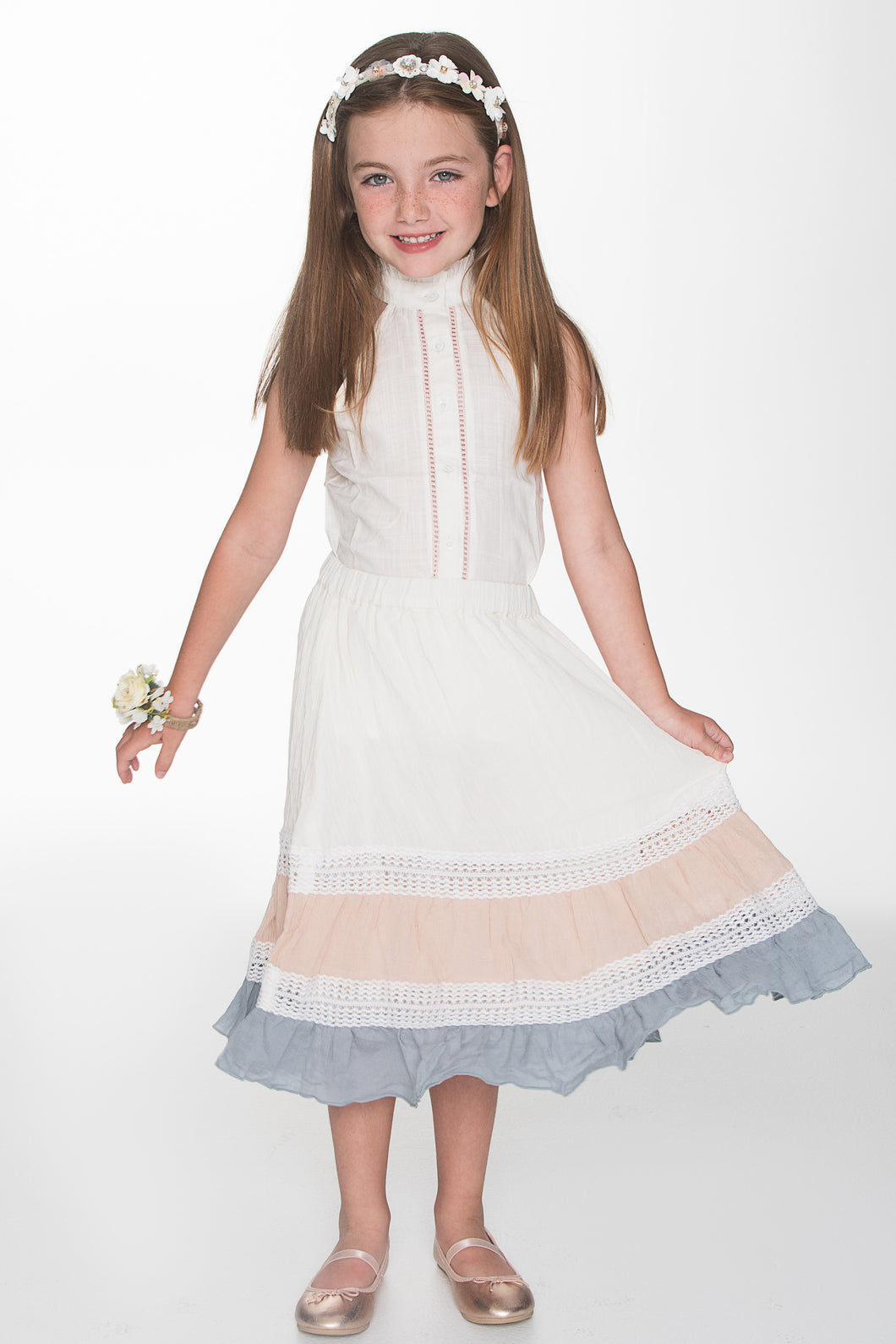 White Blouse and Tri-Colour Skirt with Lace Detail 2pc. set - Kids Wholesale Boutique Clothing, Dress - Girls Dresses, Yo Baby Wholesale - Yo Baby