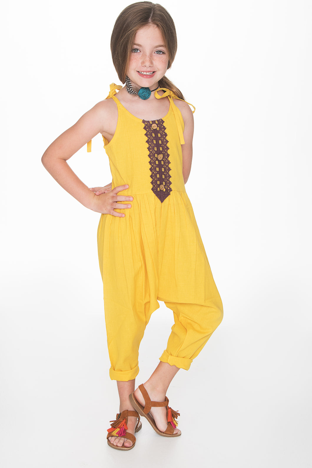 Yellow Jumpsuit with Lace Detail - Kids Wholesale Boutique Clothing, Dress - Girls Dresses, Yo Baby Wholesale - Yo Baby