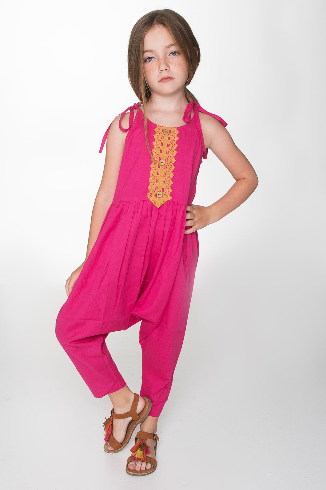 Hot Pink Jumpsuit with Lace Detail - Kids Wholesale Boutique Clothing, Dress - Girls Dresses, Yo Baby Wholesale - Yo Baby