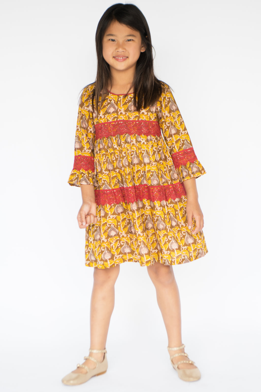 Yellow & Brown Floral Bell-Sleeve Dress - Kids Wholesale Boutique Clothing, Dress - Girls Dresses, Yo Baby Wholesale - Yo Baby