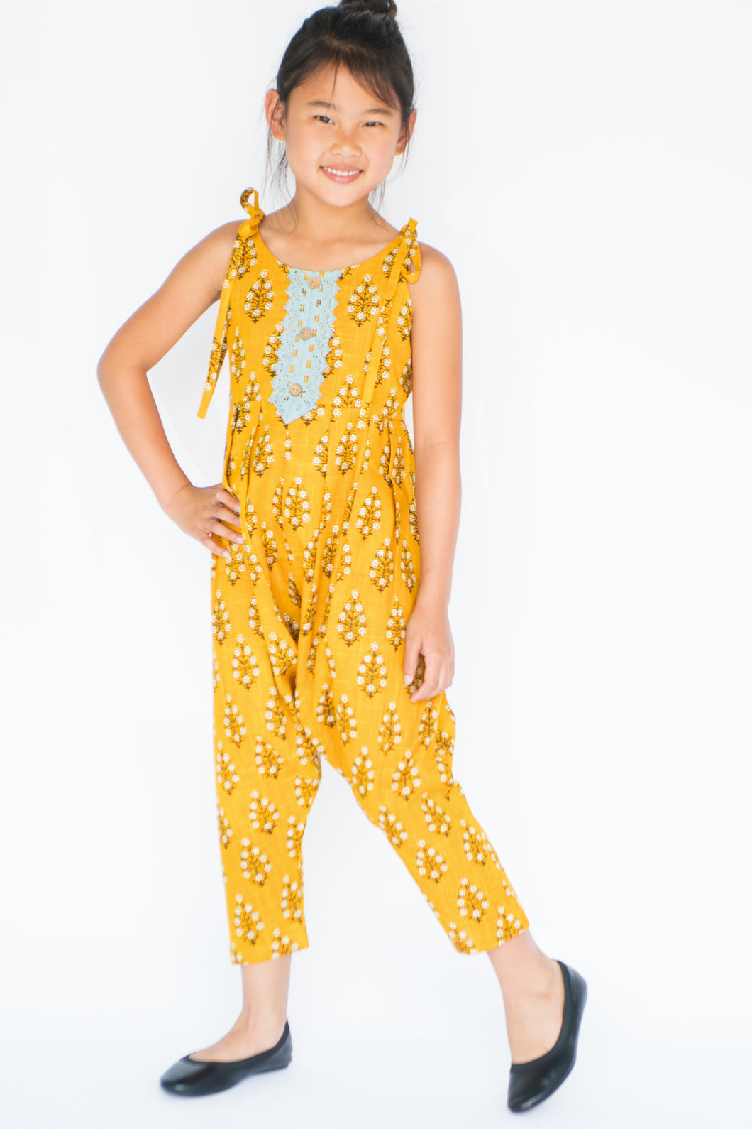 Yellow Harem style Jumpsuit with Lace Detail - Kids Wholesale Boutique Clothing, Dress - Girls Dresses, Yo Baby Wholesale - Yo Baby