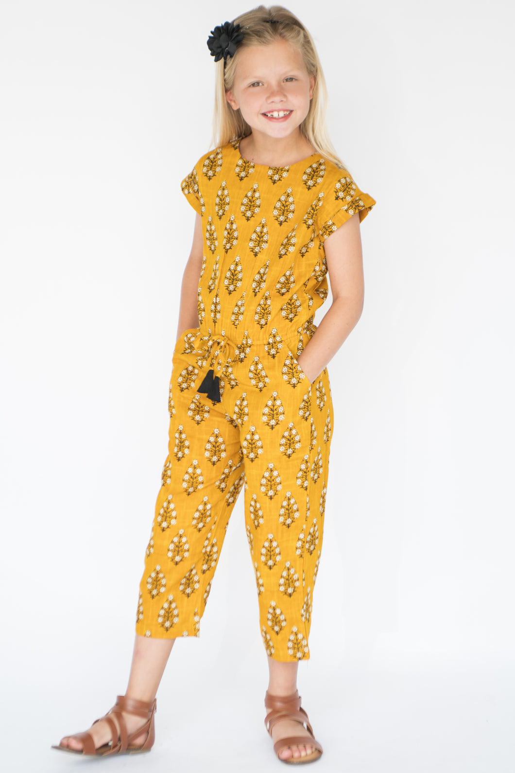 Yellow Jumpsuit With Black Accent - Kids Wholesale Boutique Clothing, Dress - Girls Dresses, Yo Baby Wholesale - Yo Baby