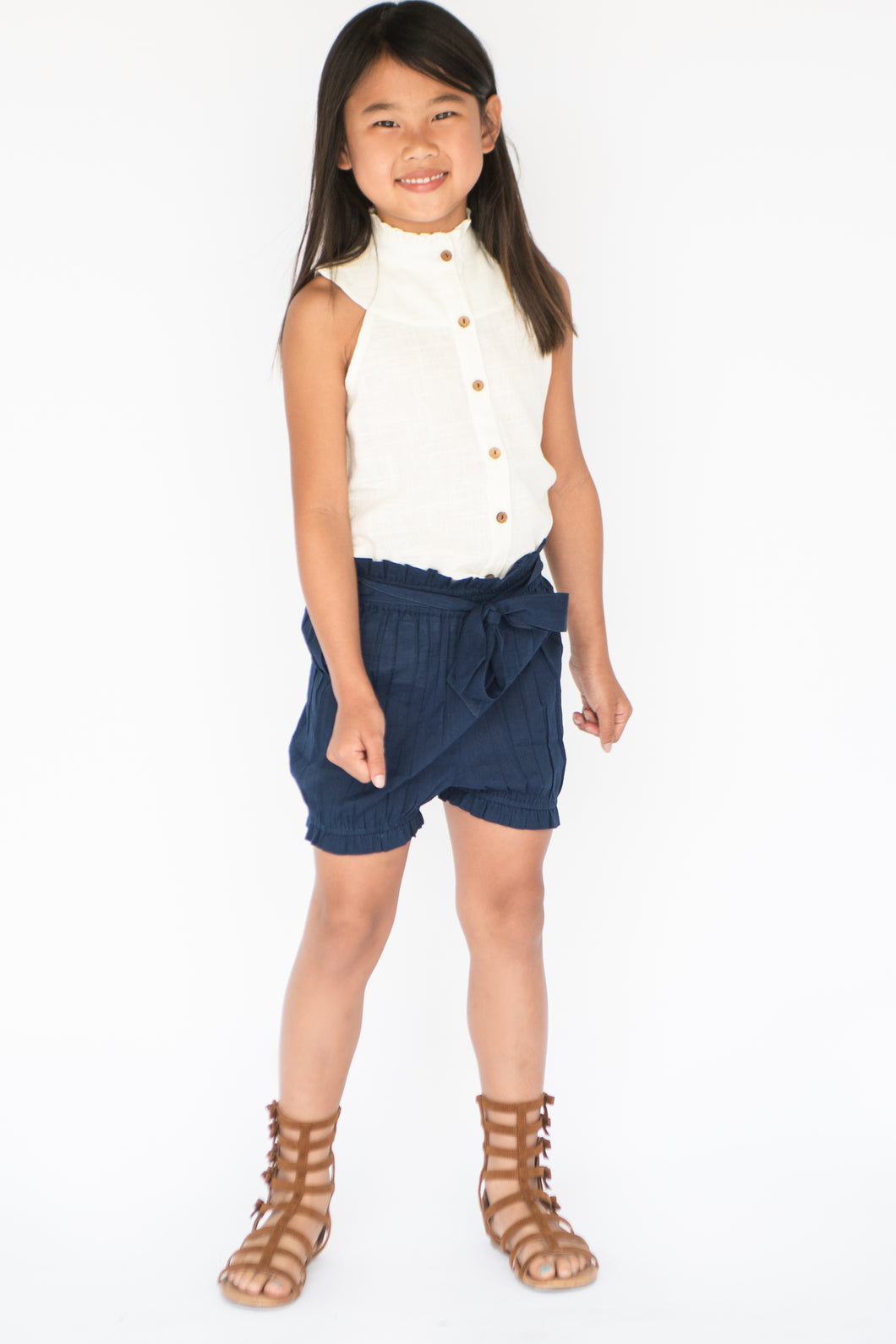 Navy-Blue High Waist Paper Bag style Shorts and Frill Blouse - Kids Wholesale Boutique Clothing, Dress - Girls Dresses, Yo Baby Wholesale - Yo Baby